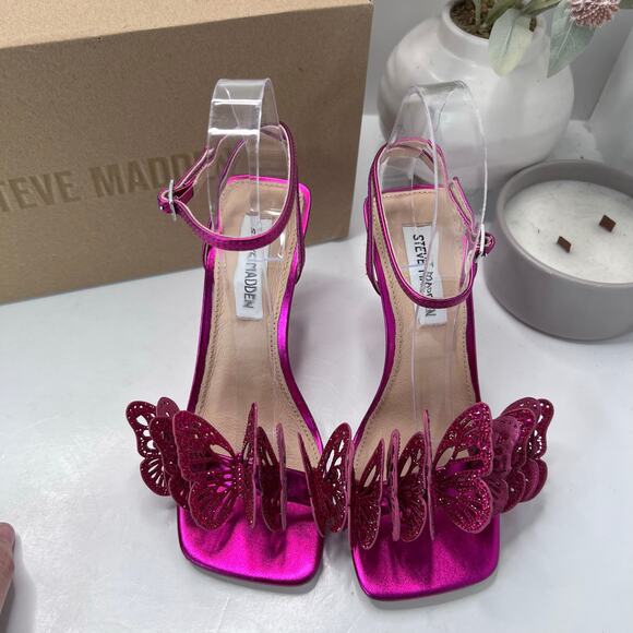 Steve Madden Azariah Leather Fuchsia Butterfly Heel Sandals Women's 6M NWB - Picture 5 of 11